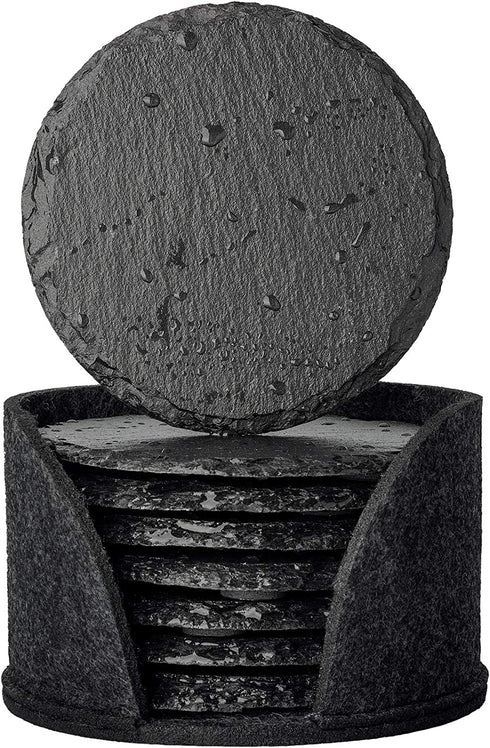 Urbanstrive Eco-Friendly Slate Drink Coasters with Holder, Set of 8, Round Slate Stone Coasters for Drinks Bar Home, 4 Inch, Black