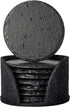 Urbanstrive Eco-Friendly Slate Drink Coasters with Holder, Set of 8, Round Slate Stone Coasters for Drinks Bar Home, 4 Inch, Black