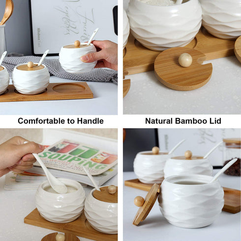LUEUR Porcelain Condiment Jar Spice Container with Bamboo Lids, Ceramic Spoons & Wooden Serving Tray Ceramic 225ml Sugar Bowl Set of 3 For Kitchen W/Free Blackboard Adhesive Stickers 16 Labels