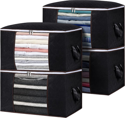 Kootek 4 Pack Storage Bags 90L Large Capacity Clothes Storage Bins Thick Fabric Container Organizer with Clear Windows Reinforced Handles Zippers for Seasonal Clothes Comforter Sheets Blanket (Black)