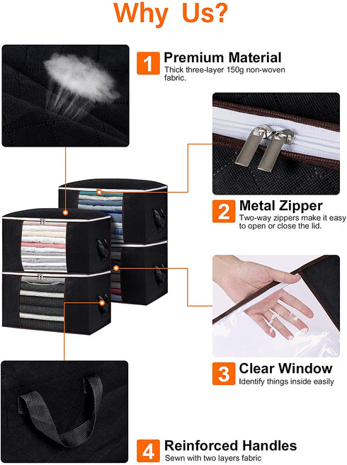 Kootek 4 Pack Storage Bags 90L Large Capacity Clothes Storage Bins Thick Fabric Container Organizer with Clear Windows Reinforced Handles Zippers for Seasonal Clothes Comforter Sheets Blanket (Black)
