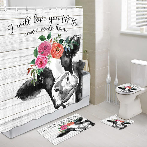 Cow Shower Curtains for Bathroom Gray Rustic Wood Cute Farm Cow with Floral Bathroom Accessories Set, Funny Black White Modern Farmhouse Animal Country Barn Door Bath Decor Hooks 69x72 Inch
