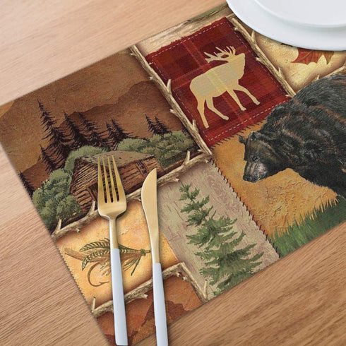 AWWMQ Rustic Lodge Bear Moose Deer Table Mats Set of 6 Washable Heat Insulation Non-Slip Placemat for Dining Table Mats 12x18 Inch