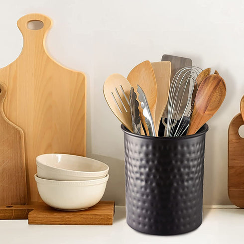 Monarch Abode Hand Hammered Kitchen Utensil Holder Crock, Large, Black