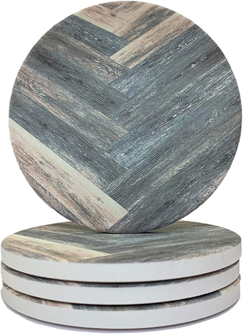 Contemporary Caramel Brown Grey Beige Farmhouse Barn Wood Coasters for Drinks Absorbent No Holder - Stones with Cork Back, Use as Home Decor 4 Sets