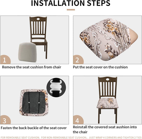 Gute Stretch Printed Chair Seat Covers with Elastic Ties and Button, Removable Washable Dining Upholstered Chair Protector Seat Cushion Slipcovers for Dining Room, Office,Rose 4 Pack
