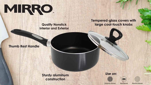 Mirro A79723 Get A Grip Aluminum Nonstick Sauce Pan with Glass Lid Cover Cookware, 2-Quart, Black