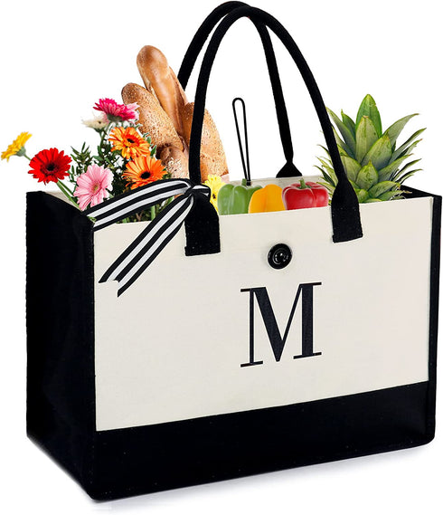 BeeGreen Initial Personalized Canvas Tote Bag 13oz with Inner Zipper Pocket Embroidery Beach Tote for Mother Day Teacher Gifts Birthday Wedding Monogram Large Cute Gift for Women Friends Bride Ladies School Utility Tote Bag M