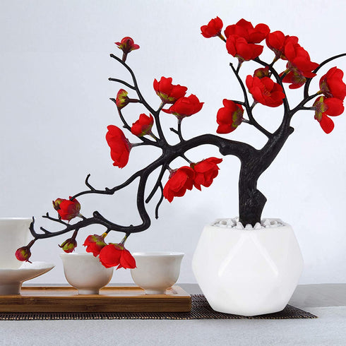 Artflower Plum Blossom Artificial Silk Flowers 2 Pack Simulation Flower with Ceramic Vase Fake Plant Potted Arrangement for Home Wedding Office DIY Living Room Party Garden Decoration (Mix)