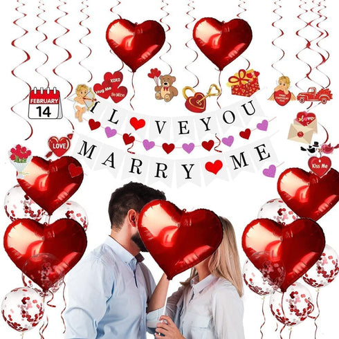 Proposal Decorations for her, I Love You Banner, Merry Me Banner,Valentines Day Decor, 2 Glitter Red Heart Garland, Red Heart Foil Balloon, Confetti Balloons