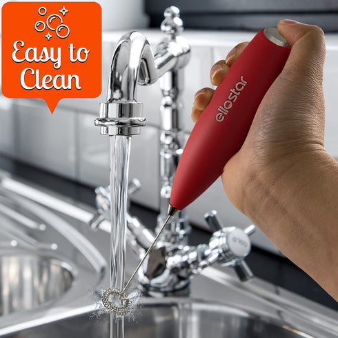 ellostar Milk Frother Handheld Electric Battery Operated Foam Maker For Coffee, Latte, Cappuccino, Frappe, Matcha, Hot Chocolate, Drink Mixer With Stainless Steel Whisk, Stand Included (Red)