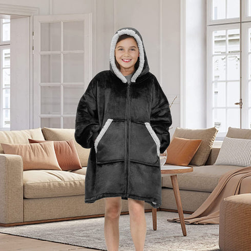 Dreamcountry Wearable Blanket for Kids, Oversized Sherpa Blanket Hoodie with Deep Pocket, Soft and Warm Blanket Sweatshirt with Comfy Sleeves, Gifts for Kid, Youth, Boys, Girls