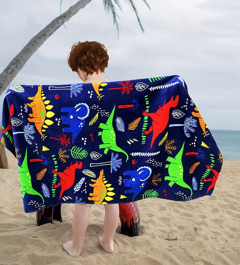YIFONTIN Beach Towel for Kids, Dinosaur Velour Terry Towel, Cotton Blanket Throw, 30X60 inches for Travel Swimming Bath Camping and Picnic, Navy.