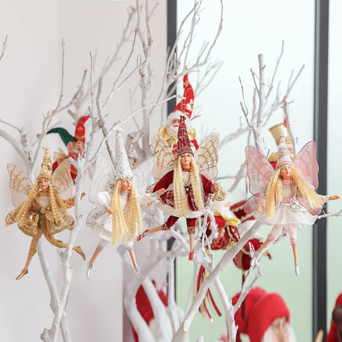 Fairy Christmas Tree Decorations Red Elf Ornament Golden Elves Home Decor Handmade Doll Angel Wings Girl Gifts PICUKI Holiday Collectible Figurines Kawaii Room Decor