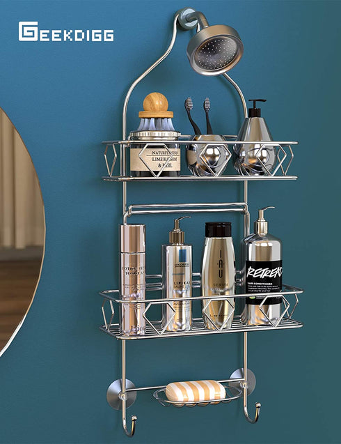 Upgraded! GeekDigg Bathroom Hanging Shower Head Caddy Organizer, Three Tier, Rust Proof Premium Hanger Design With Suction Cups, Hooks, Bath Room Caddies Hang on Showers Head, Shower Organizer, Silver