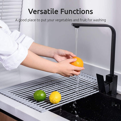 U-Taste Roll Up Dish Drying Rack 16.5 by 13.7 Inches, Over The Sink Foldable Multipurpose Silicone Dish Drainer Warm Gray, Small