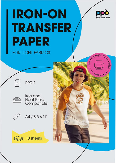 PPD Inkjet PREMIUM Iron-On White and Light Color T Shirt Transfers Paper LTR 8.5x11” Pack of 10 Sheets (PPD001-10)