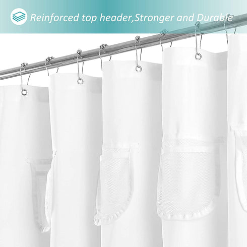 RV Shower Curtain 64 inches Length with 6 Mesh Pockets for Camper Storage,Water Repellent, Odorless and Rust Proof Grommets,White, 47x64