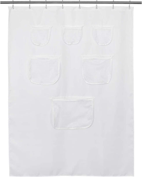 RV Shower Curtain 64 inches Length with 6 Mesh Pockets for Camper Storage,Water Repellent, Odorless and Rust Proof Grommets,White, 47x64