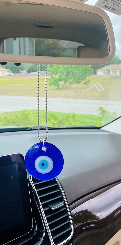 Lucky Blue Evil Eye Hanging Glass Amulet, Evil Eye Represents The All Seeing Eye of God Symbol, Glass on a Silver Chain, Beautiful Accessory for Car, Home, Great Gift - 2.4€? X 5.7€?