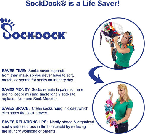 SockDock Sock Laundry Tool & Storage Hanger for Washing Drying & Storing Paired Socks, Clips & Locks, No Sorting or Matching, Foldable Closet Organizer Better Than Mesh Bag, 2-Pack (Blue)