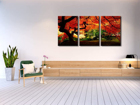 Pyradecor 3 Piece Giclee Canvas Prints Wall Art Paintings Ready to Hang for Living Room Home Decor - Red Maple Trees Large Modern Stretched and Framed Contemporary Landscape Pictures on Canvas Artwork