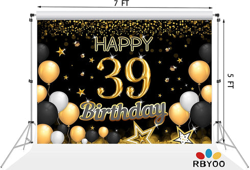 RBYOO 39th Gold Black Happy Birthday Backdrop for Girls Women Boy Men 7x5ft Photography Background Banner Birthday Party Decorations Photo Booth Props