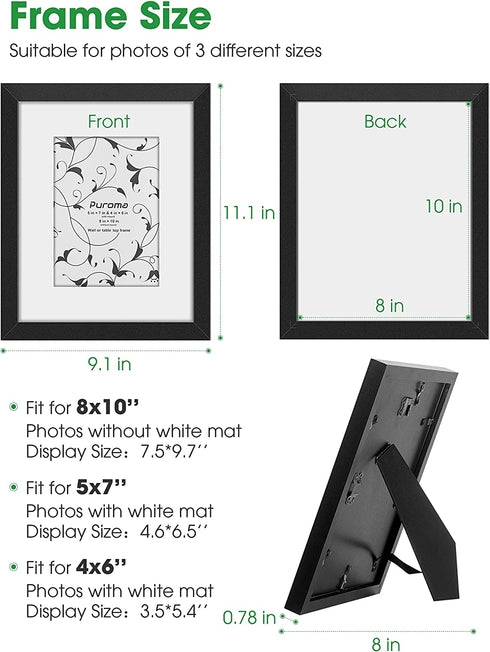 Puroma 8x10 Inches Picture Frame Set of 6, 5x7'' or 4x6'' with Mat Tempered Glass Composite Wood Photo Frames for Wall Mounting or Tabletop for Home Wall and Office Desktop (Black & White & Gray)