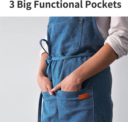 Beritle Denim Apron With Pockets, Cotton Kitchen Aprons, Cross Back Work Aprons For Shop, Hairstylist, BBQ Jean Apron