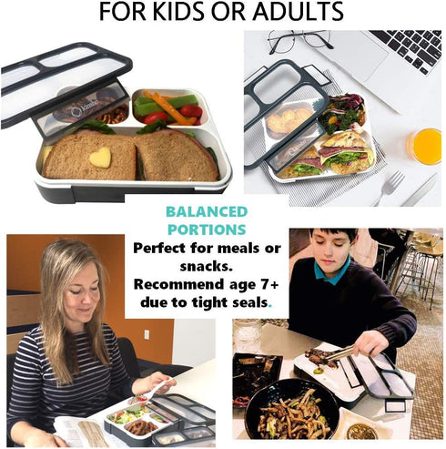 Bento Lunch Box For Adults, Kids | Leakproof Meal Prep Portion Control Boxes Japanese Style for Boys Teens 3 Compartment Slim Container For Work, School | Eco-friendly Divided Containers, Grey - Black