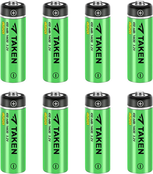 Taken 14430 3.2 Volt Rechargeable Solar Battery, 3.2V 450mAh 14430 LiFePO4 Rechargeable Battery for Solar Panel Outdoor Garden Lights (NOT AA Battery) - 8 Pack