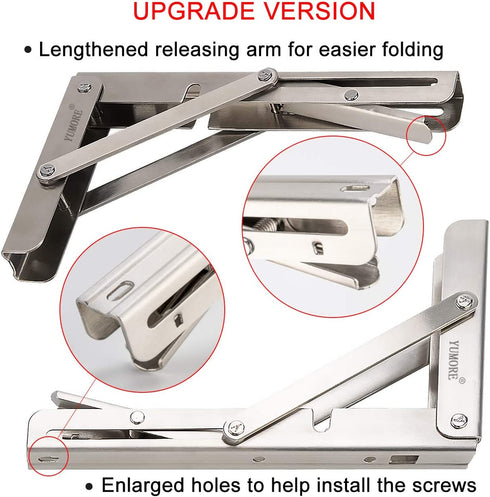 YUMORE Folding Shelf Brackets 8", Max Load: 300lb Heavy Duty Stainless Steel Collapsible Shelf Bracket for Table Work Bench, Space Saving DIY Bracket, Pack of 2