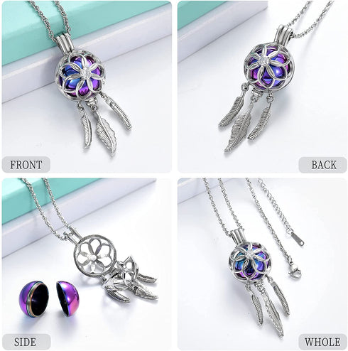 shajwo Cremation Jewelry Dream Catcher Urn Necklaces for Ashes Flower Feather Keepsake Memorial Hollow Pendant for Women Men