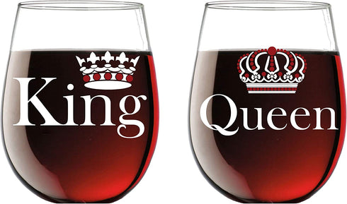 King and Queen 15oz Crystal Wine Glass Set- Unique Engagement for Him and Her - Fiance Fiancee Engagement Wedding Anniversary for Couple Bride Groom - CBT Wine Glasses