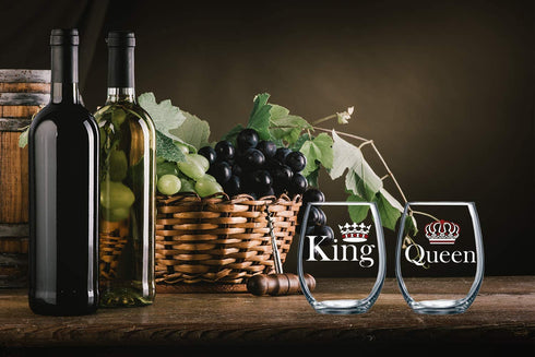 King and Queen 15oz Crystal Wine Glass Set- Unique Engagement for Him and Her - Fiance Fiancee Engagement Wedding Anniversary for Couple Bride Groom - CBT Wine Glasses