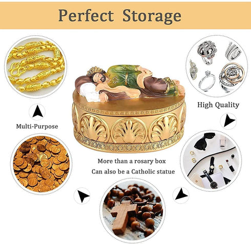Sleeping St Joseph Golden Memorial Boxes, Sleeping St. Joseph Statues Desktop Decor Boxes, Catholic Gifts Rosary Box, Used to Store Rosary Beads, Souvenirs Coin, Ring, Jewelry