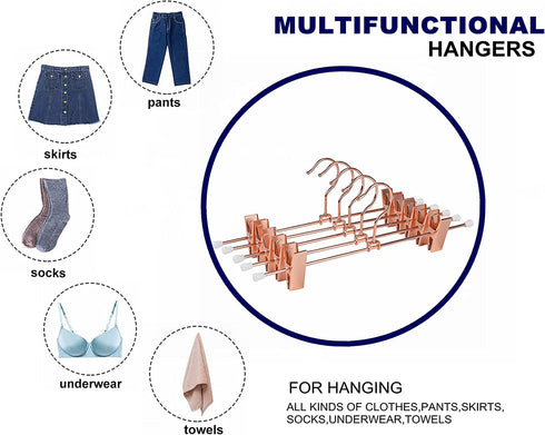 Amber Home 12 Pack Rose Copper Gold Metal Pants Skirt Hangers with Clips, Adjustable Clip Metal Trouser Hangers, Clip Hangers for Jeans Pants Heavy Duty (12 Pack)