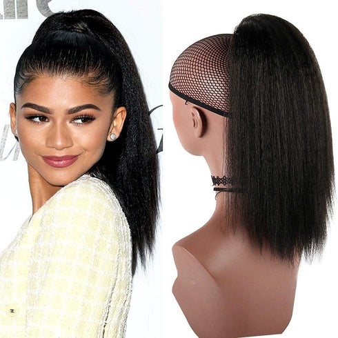 YITI Medium Long Afro Kinky Straight Drawstring Ponytail Extension for Black Women,Light Yaki Curly Clip in Ponytail High Temperature Synthetic Hairpieces(Black)