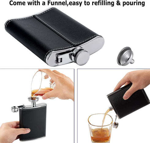 Hip Flask for Men Liquor Flask Stainless Steel Leak proof Flask with Funnel set for Women Pocket Alcohol Drinking Flask set 8OZ (Black Leather)