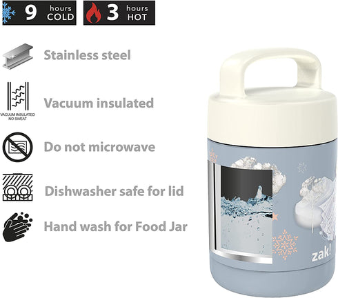 Zak Designs Kids' Vacuum Insulated Stainless Steel Food Jar with Carry Handle, Thermal Container for Travel Meals and Lunch On The Go, 12 oz, Elsa