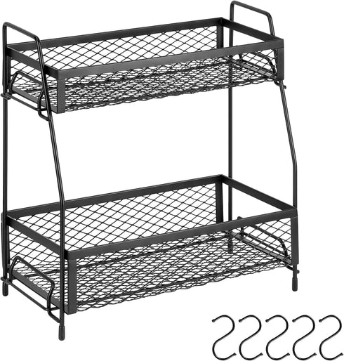 Homeweeks Spice Rack Kitchen Cabinet Organizer - 2 Tier Spice Organizer 5 Hooks Bathroom Organize Countertop Holder - Pantry Shelves Seasoning Storage Shelf Sink Rack for Kitchen (Black)
