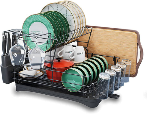 Large Dish Drying Rack with Drainage Stainless Steel 2 Tier Dish Rack and Drainboard Set for Kitchen Counter Dish Drainer with Utensil Holder, Cutting Board Holder (Black)