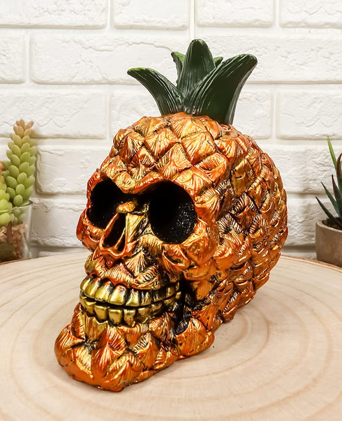 Ebros Hawaiian Tropical Pineapple Golden Skull Figurine 6" Tall Fruity Skeleton Head Statue for Halloween Day of The Dead Spooky Decor