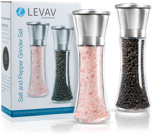 Levav Premium Salt and Pepper Grinder Set of 2- Brushed Stainless Stell Pepper Mill and Salt Mil, Glass Body, Size Grade adjustable ceramic rotor-salt and pepper shakers (tall)