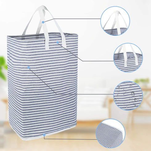 80L Extra Large Collapsible Laundry Baskets with Handle Waterproof Stripe Linen Washing Basket for Bedroom, Blue