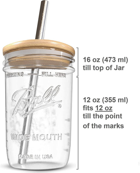 Reusable Boba Bubble Tea & Smoothie Cups - 2 Glass Wide Mouth 16oz Ball Mason Jars with Bamboo Lids - 2 Reusable Silver Stainless Steel Boba Straws Brand Capsule Classic