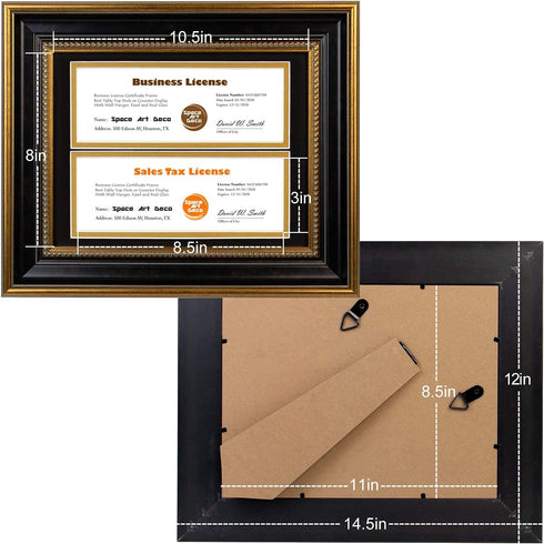 Space Art Deco, 8.5x11 for Business License Frame, Black Over Gold Double Mat with Two 4x9 Business License Openings, Easel Stand, Sawtooth Hanger (Black/Ornate Gold Design)