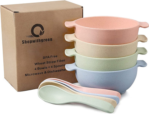 shopwithgreen Unbreakable Kids Bowls -Microwave Dishwasher Safe- Wheat Straw Snack Bowl Sets for Kids/Toddler/Children/Baby Feeding - 4 Bowls and 4 Spoons, Lightweight and Durable (Small)