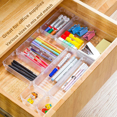 Qozary 11 Pack Clear Plastic Drawer Organizer Containers, Storage for Desk Drawers Trays, Kitchen Bathroom Makeup Drawer Dividers with Large Capacity Bins, 5-Size Trays for Bedroom Dresser Drawer