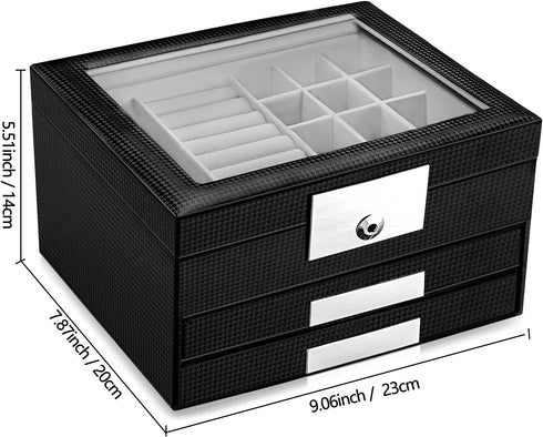 Oyydecor 3-Layer Jewelry Organizer with 2 Drawers Pu Leather Jewelry Box Organizer Display Storage case Necklace Ring Earring Storage Lockable Gift Case Gifts for Women